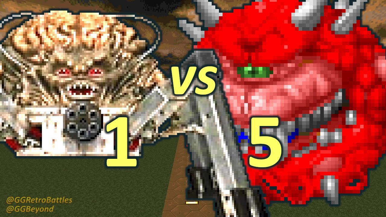 Spider Mastermind vs 5 Cacodemons - Monster Infighting - Doom Retro Battles