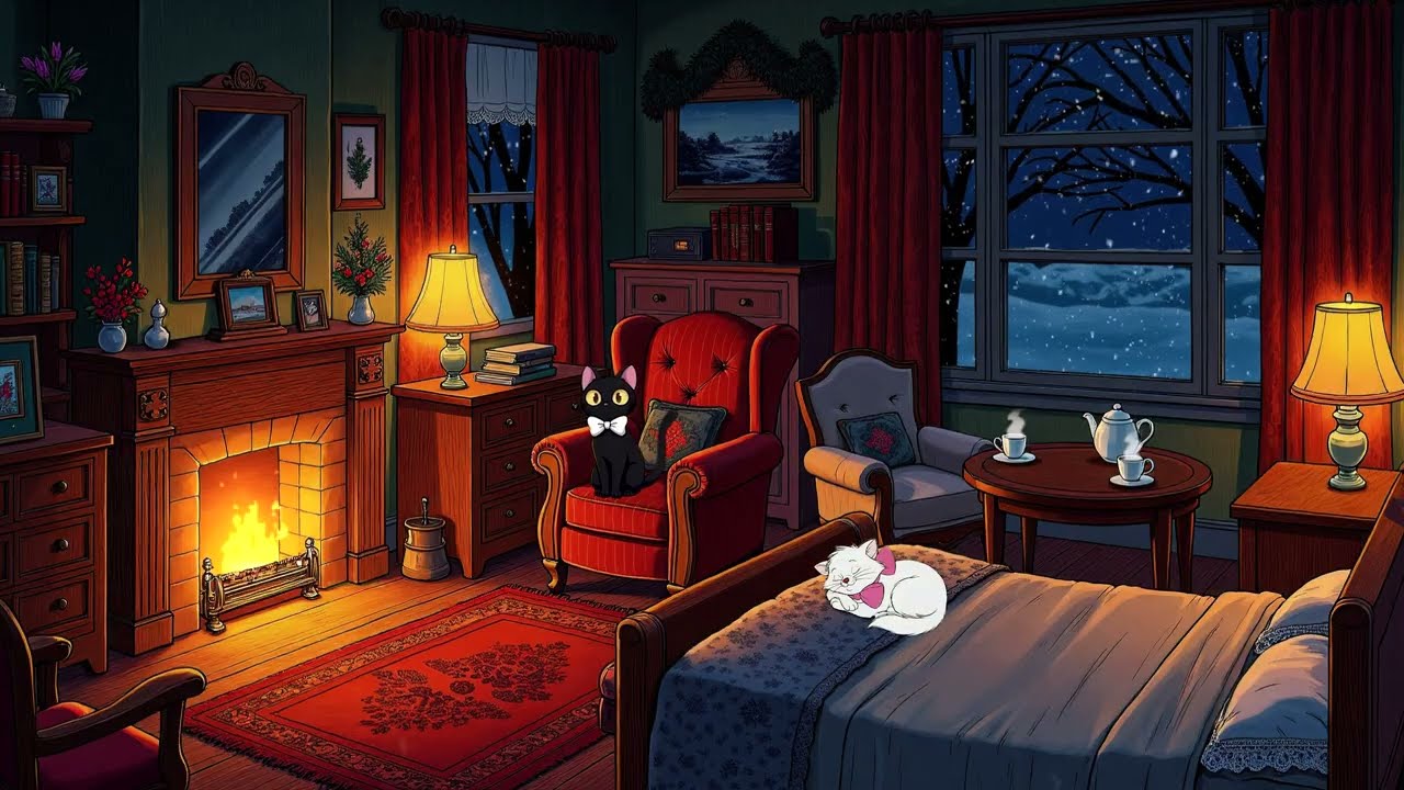 1930's cozy cottage with oldies playing in another room for relaxation fireplace sounds