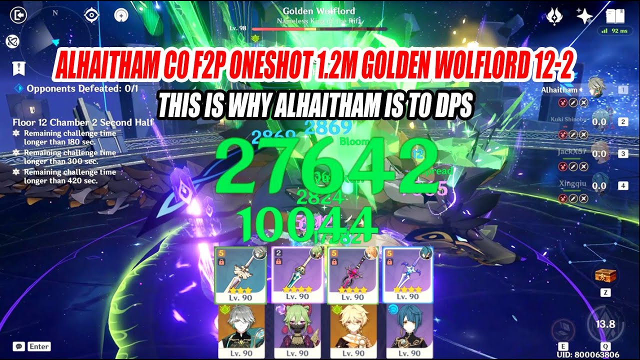Alhaitham C0 F2P Oneshot 1.2M Golden Wolflord 12-2 with 3 Star Weapon & 4 Star Team