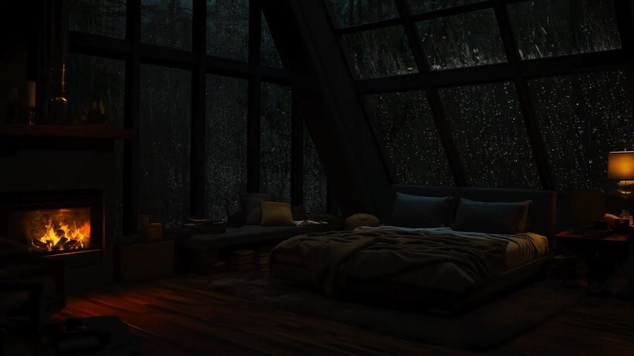 Big Heavy Rainstorm with Wind, Thunder & Cozy Fireplace Ambience