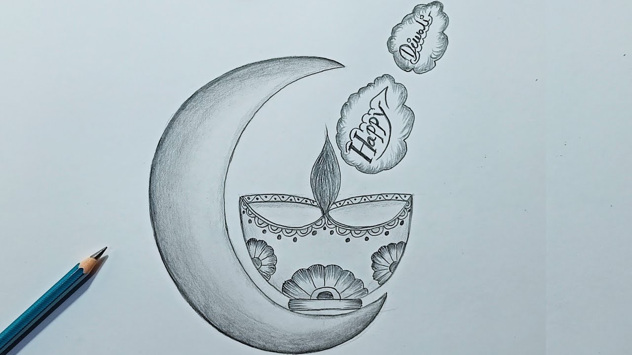 Happy Diwali drawing || easy Diya with moon drawing || Diya drawing step by step