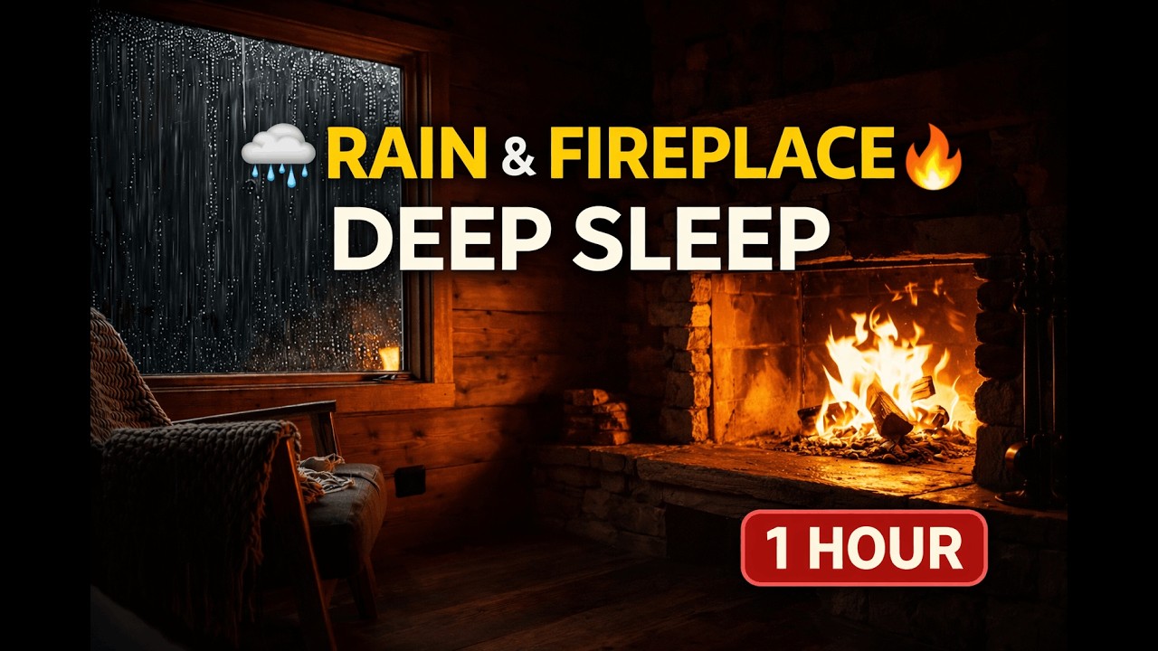 Cozy Night Rain & Fireplace Sounds for Deep Sleep | 1 Hour Calm Ambience