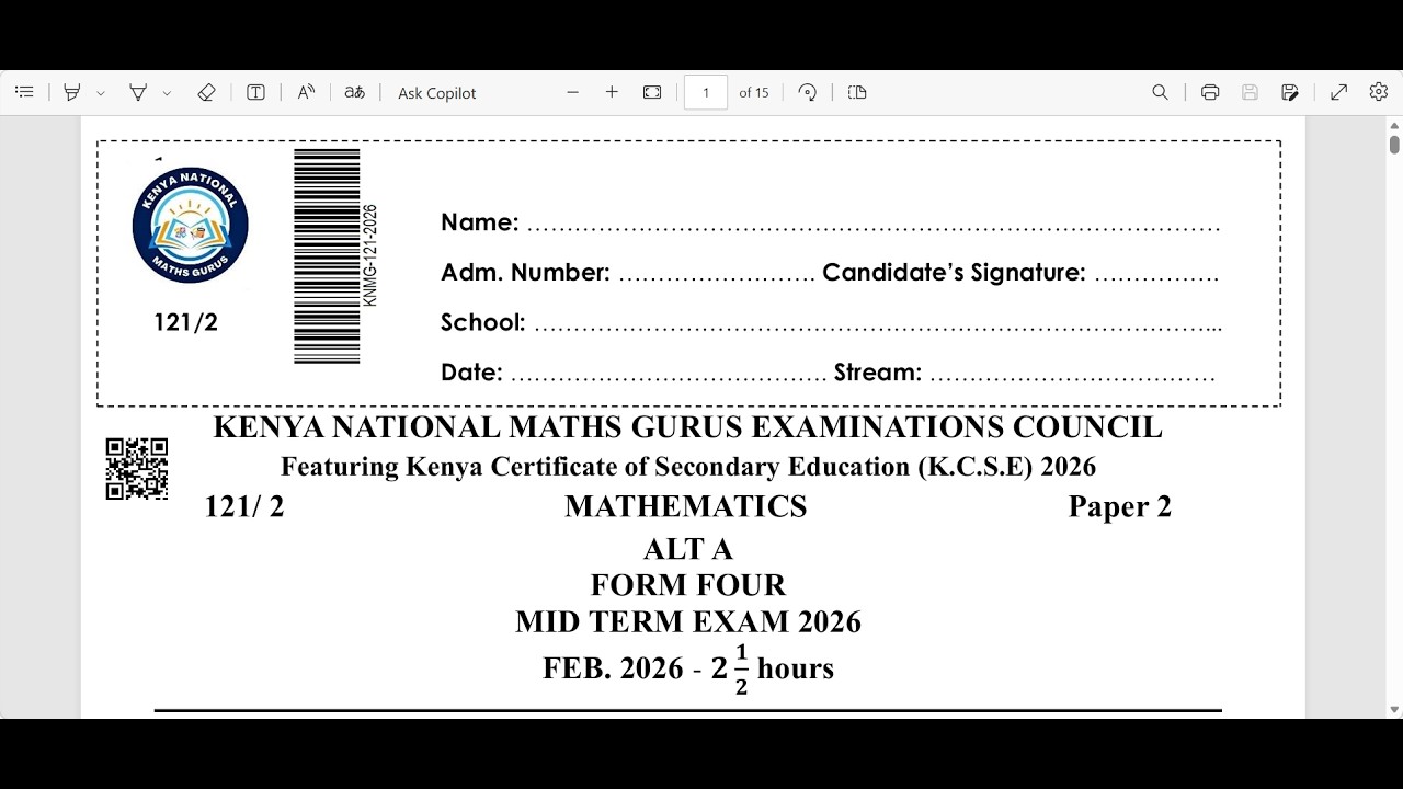MID TERM MATHS PAPER 2 , SECTION 2 - KENYA NATURAL MATHEMATICS GURUS EXAMINATION COUNCIL.