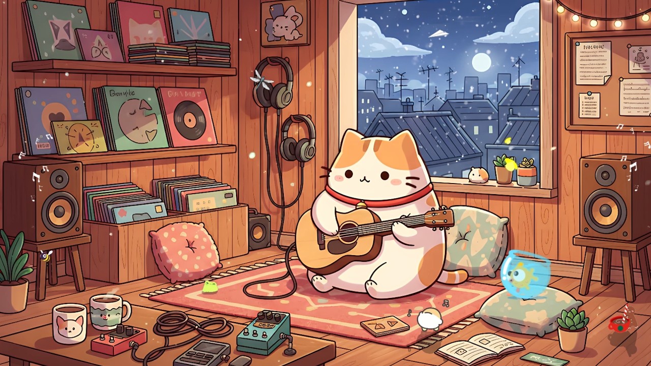 Milky's Cat Playing Guitar in the Vinyl Room 🎸 Cozy Lofi Mix 🌙 Chill Relaxing Music