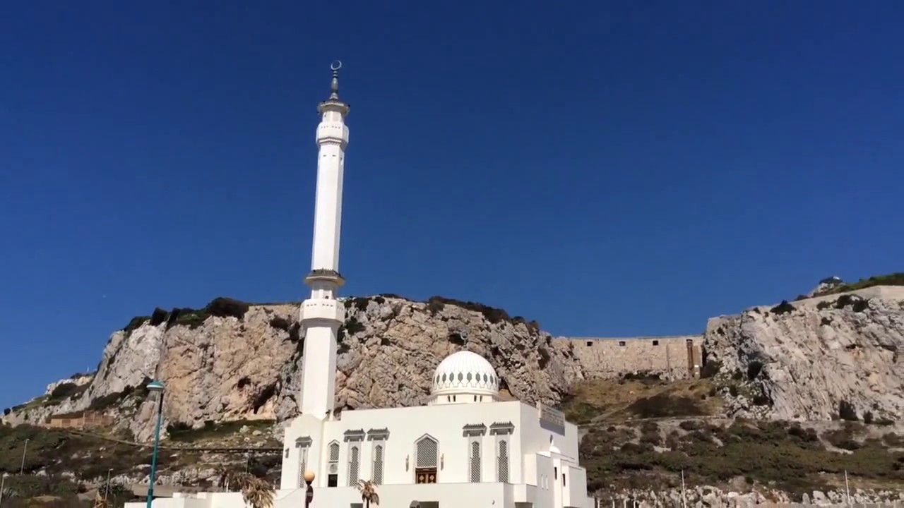 View of Rock of Gibraltar, Ibrahim-al-Ibrahim Mosque, Lighthouse from Europa Point, Gibraltar