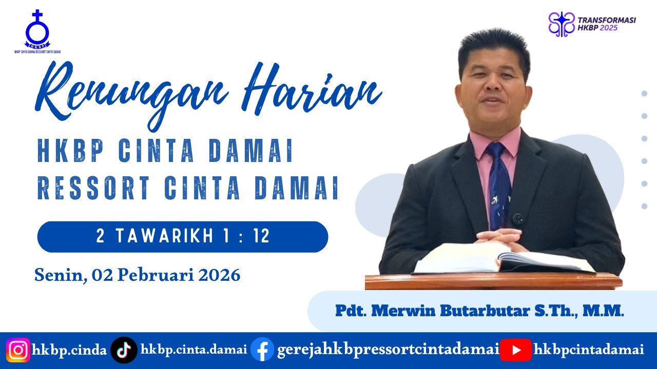 RENUNGAN HARIAN HKBP CINTA DAMAI, Senin 02 Pebruari 2026 | 2 TAWARIKH 1 : 12 |