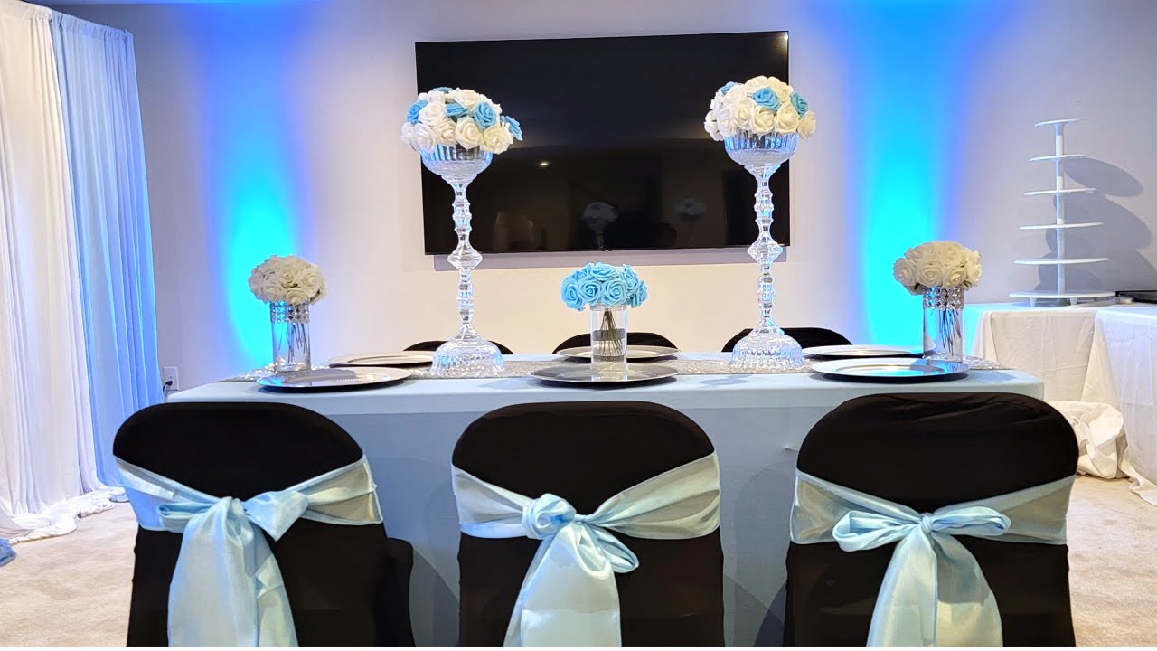 DIY BLUE, SILVER, WHITE & BLACK TABLE SETTING / CHEAP EASY WEDDING DECORATIONS, BIRTHDAY DECORATIONS