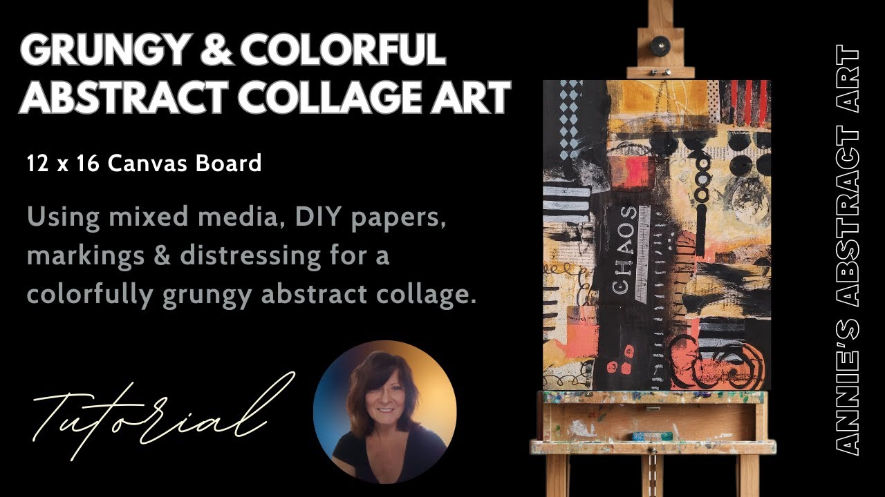 How to balance color and black in a grungy mixed media abstract collage art done on canvas board