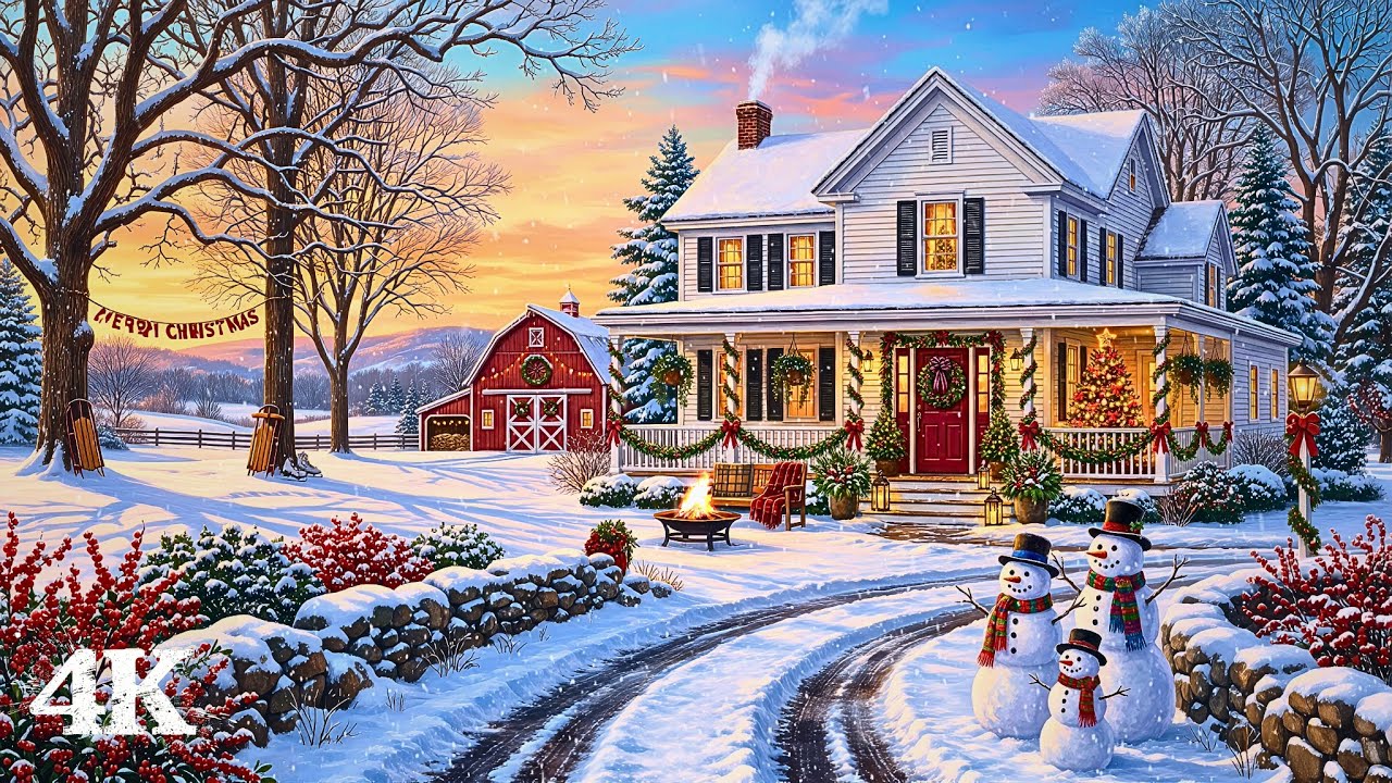 Winter Bliss Snowy Farmhouse | Christmas Paints Your World Cozy with Fire Crackles & Winter Birds