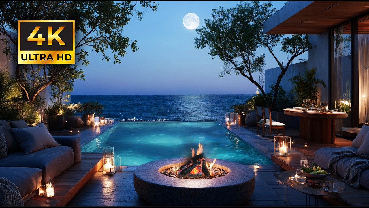 Moonlight Luxury Ocean Terrace Ambience🌙 Cozy Fireplace & Calming Sea Waves | Relaxing Music 4 Hours