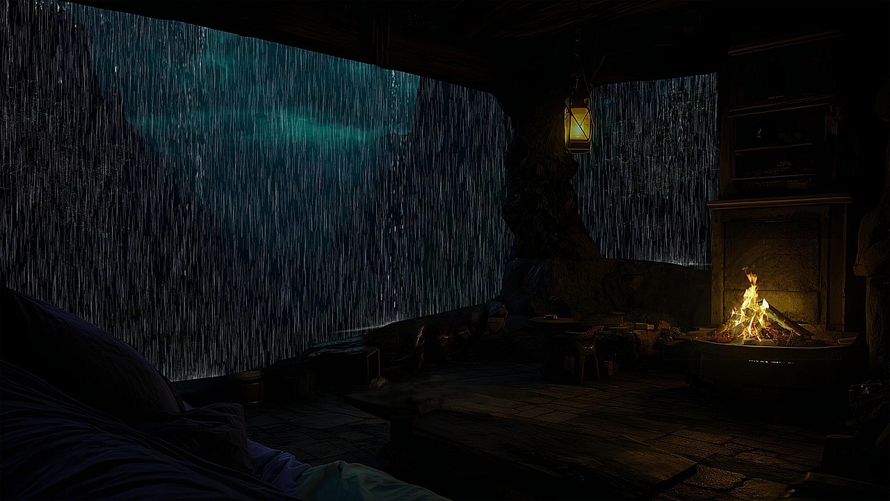 Relaxing Rainfall in a Secluded Forest Cabin with Fireplace Ambience for Studying