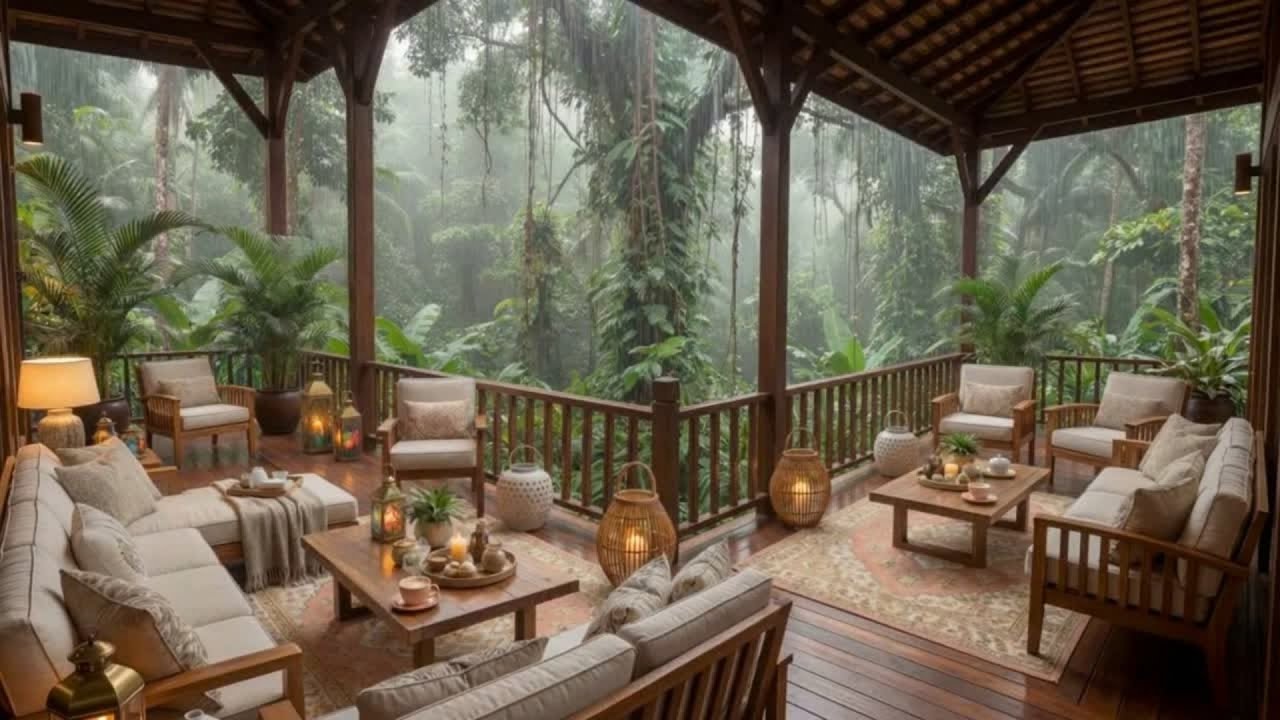 Rainy Forest Relaxation – Rain Sounds, Birds & Gentle Thunder | Peaceful Terrace Ambience