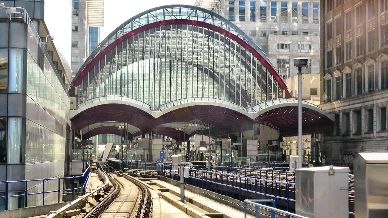 London. Riding the DLR train from Bank to Lewisham via Canary Wharf