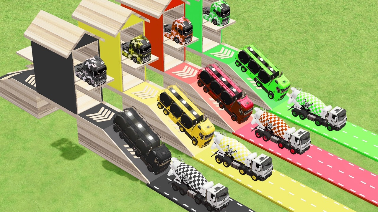 Garage with Colors - ALL MIXER TRUCK WITH DOUBLE FLATBED TRAILER TRUCK DAFF, MIXER CAT