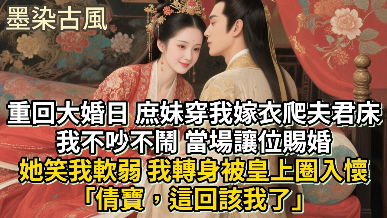 重回大婚那日，庶妹穿我嫁衣爬上夫君的床。我不吵不鬧，當場讓位賜婚。她笑我軟弱，我轉身被皇上圈入懷「倩寶，這回該我了」#古言 #小説 #古風 #愛情 #情感故事 #爽文 #完結#原創