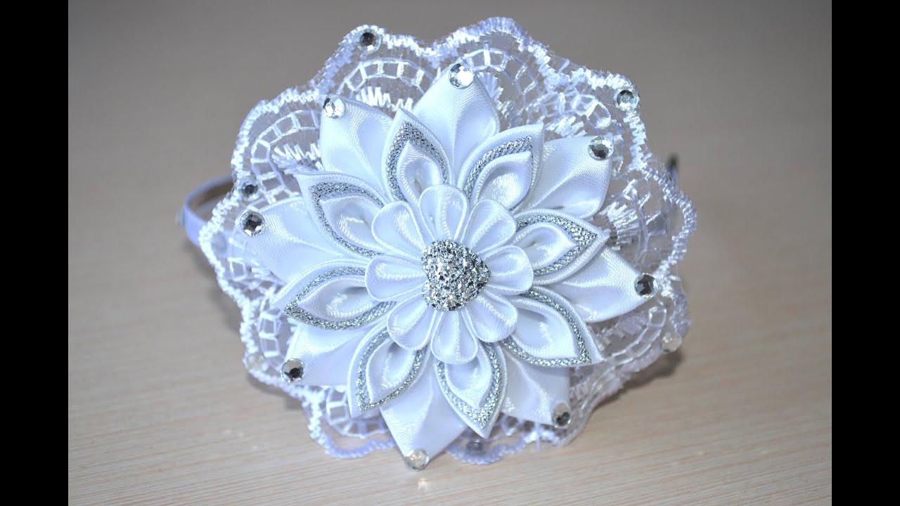 Белый цветок ободок канзаши Мастер класс канзаши из лент DIY  hair band kanzashi handmade