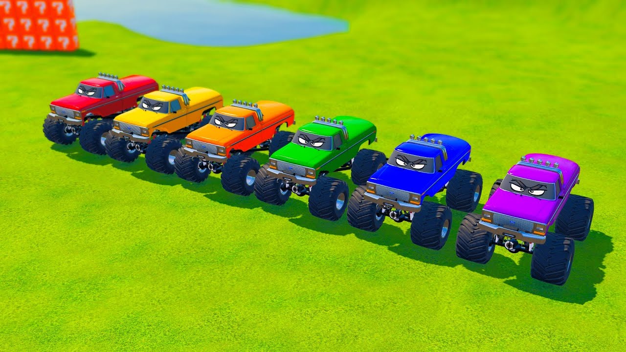 COLORFUL MONSTER TRUCKS DRIVE THROUGH FUN OBSTACLES - Farming Simulator 22