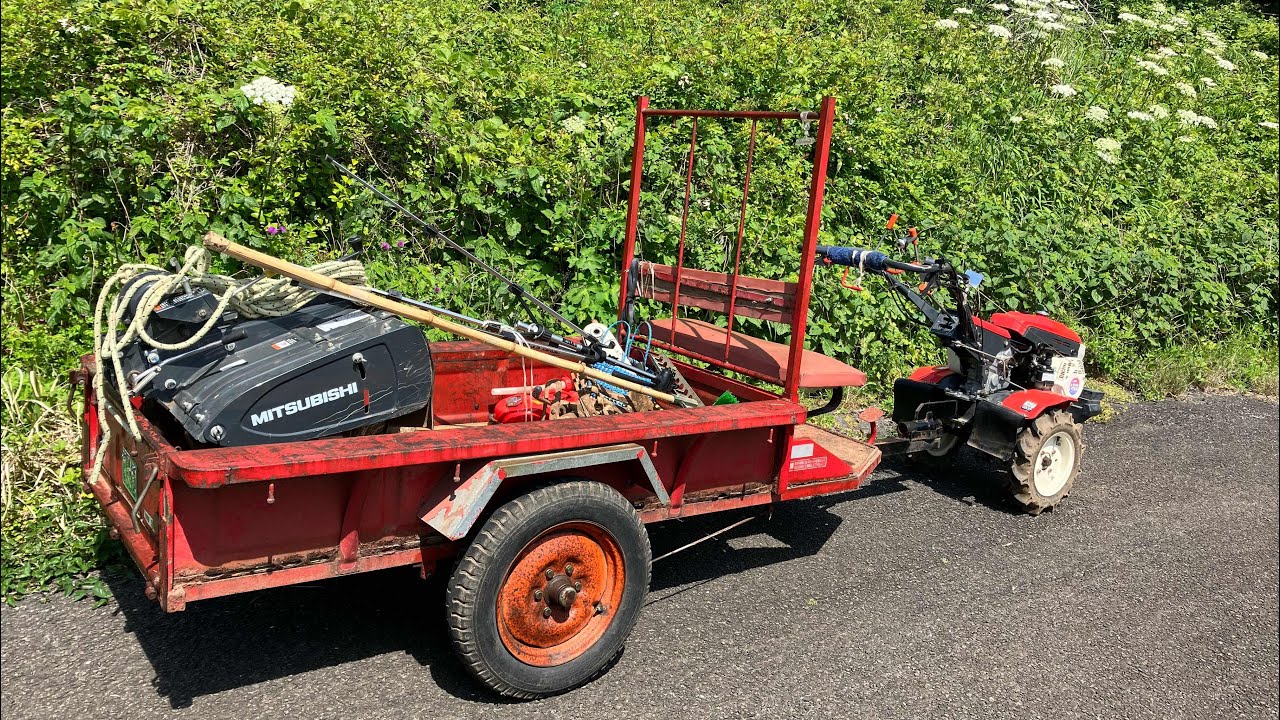 三菱農機の耕運機MS68 で 中川車輌工業のトレーラー NC-101 を牽引して畑に行き 高北の鋤 で耕しました Towing handtractor trailer to to plow field