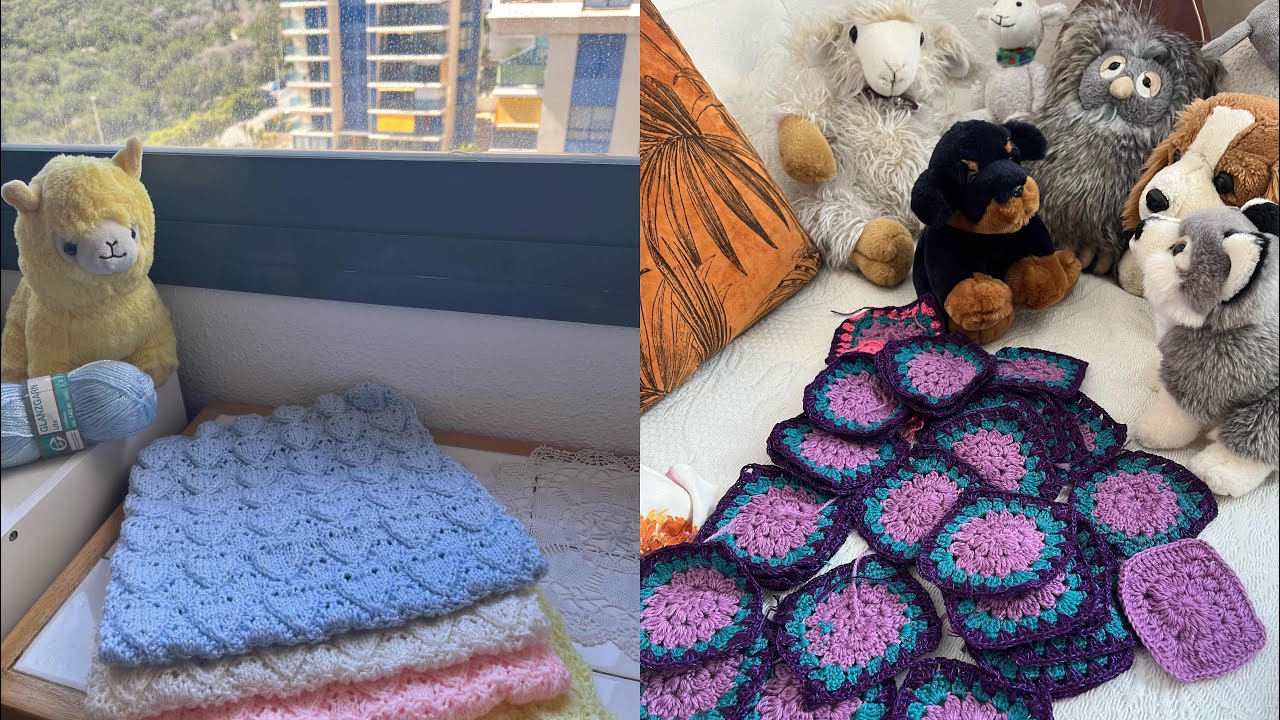 Маленький палантин с сердечками и мучения  с бабушкиными квадратами🧶