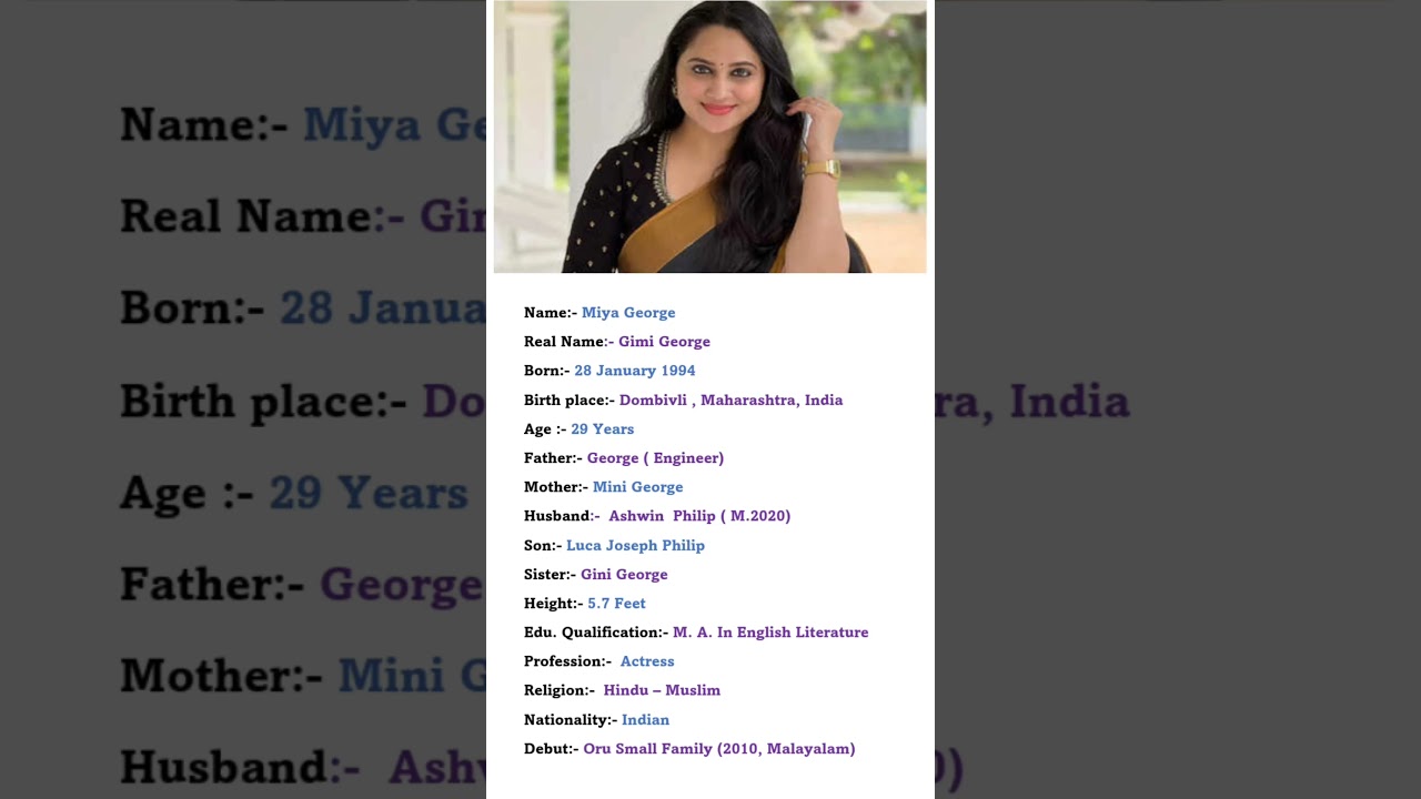Beautiful Actress Miya George Biography #viral #youtubeshorts #shortvideo #shorts