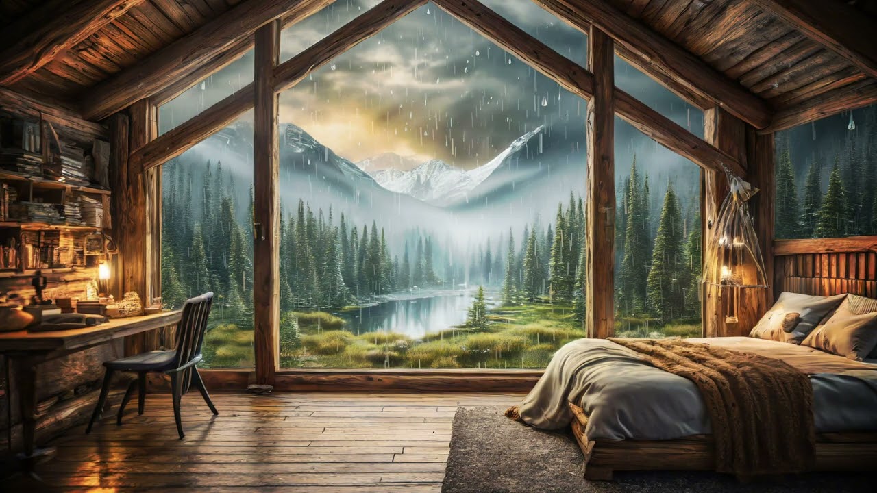4K Cozy Mountain Cabin Ambience 🏔️ Heavy Rain on Window sounds for Sleeping & Study