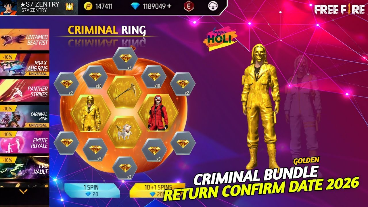 Golden Criminal Bundle Return Confirm Date | Criminal Ring Event Free Fire | Criminal Bundle Return