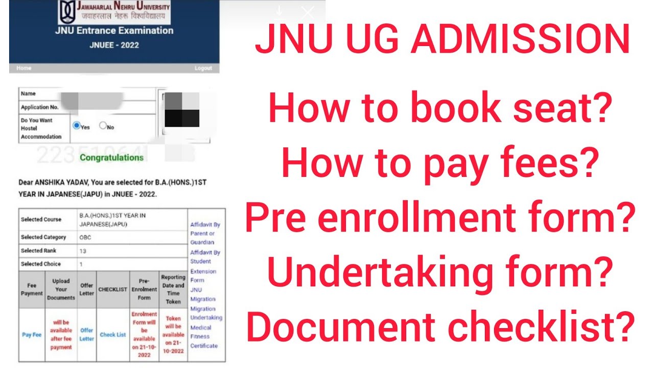 jnu Cuet ug admission process||seat book,pre enrollment form, undertaking||