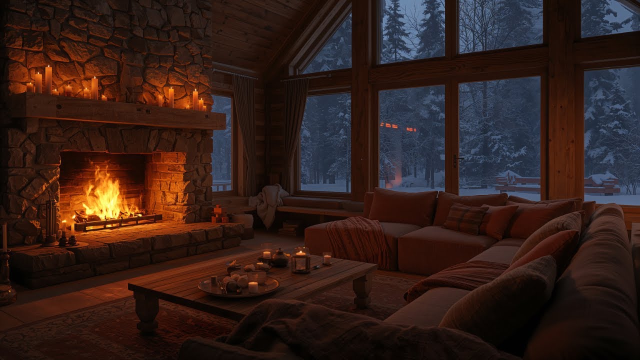 Cozy Winter Jazz Cabin ❄️ Relaxing Fireplace Ambience & Falling Snow | Smooth Jazz Music
