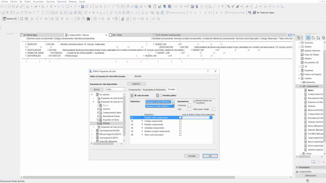 CUANTIFICACION Y PRESUPUESTO EN ARCHICAD   LISTADO DE COMPONENTES EN TEXTO  S01X04