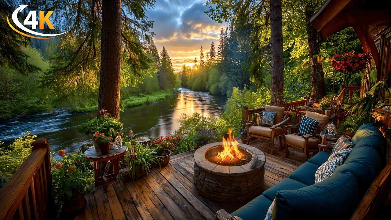 Golden Spring Riverside Porch Ambience 🔥 Cozy Cabin Patio & Flowing Forest River (4K)