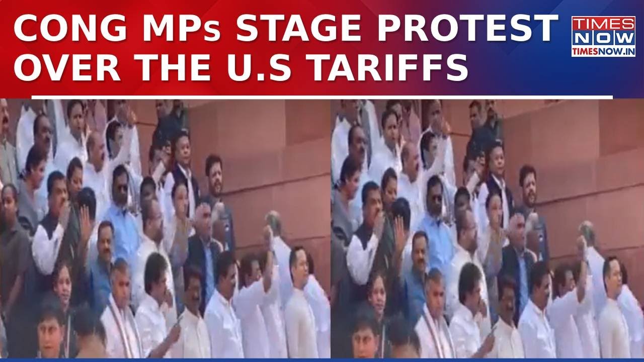 Congress MPs Stage Protest At Sansad's Makar Dwar Over U.S Tariffs, Demand PM Modi's&nbsp;Statement