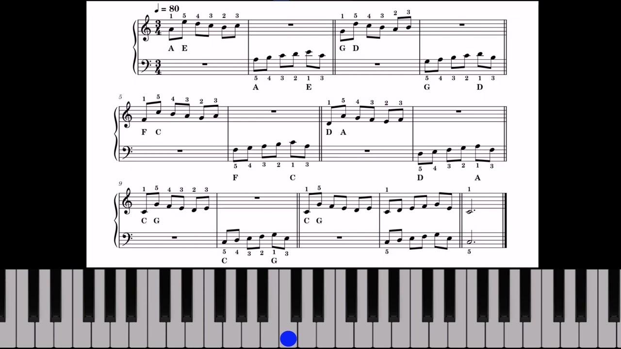 🎹Ejercicio 58. Extensiones A-E, G-D, F-C, D-A, C-G. Compás 3/4 Blancas con Puntillo y Corcheas.