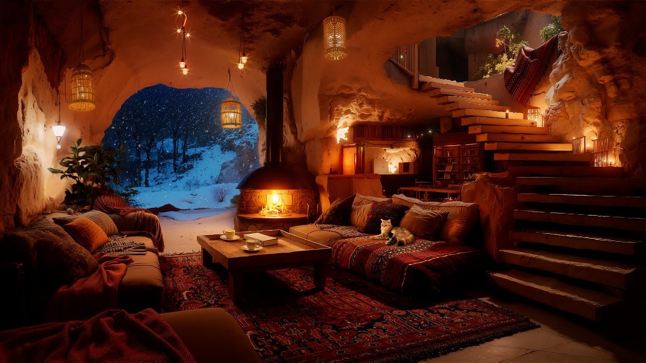 Peaceful Winter Cabin Atmosphere | Crackling Fireplace & Snowfall for Emotional Healing and Restful
