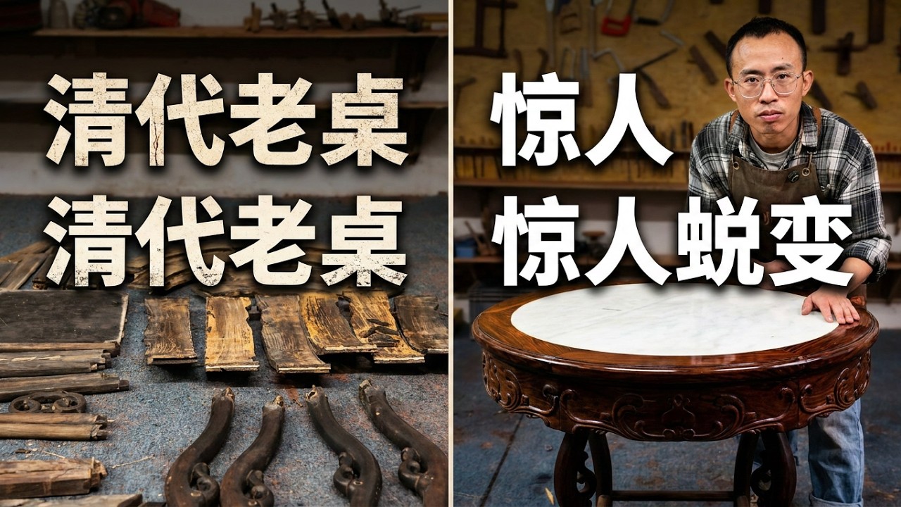 文人世家传承的老红木圆桌，历经百年，已破损不堪！纯手工修复好它，从破旧到崭新，仿佛穿越时空，看到了岁月变迁的过程！#解压 #旧物改造 #老物件 #黄花梨#文玩手串