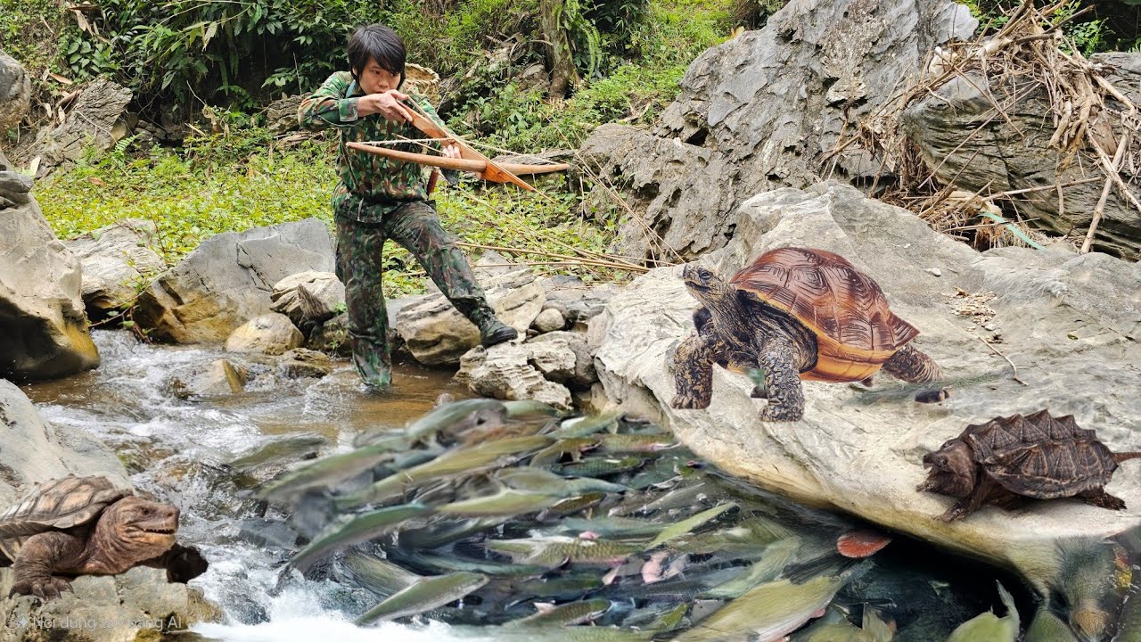 traces of wild animals, traps, stream fish, foraging in wild streams, green forest life