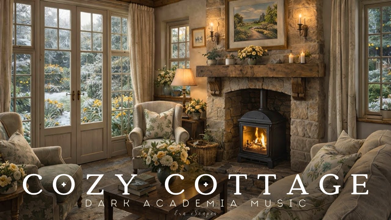Warm Winter English Cottage Fireplace | Dark Academia Piano, Cozy Fireplace & Early Spring Ambience