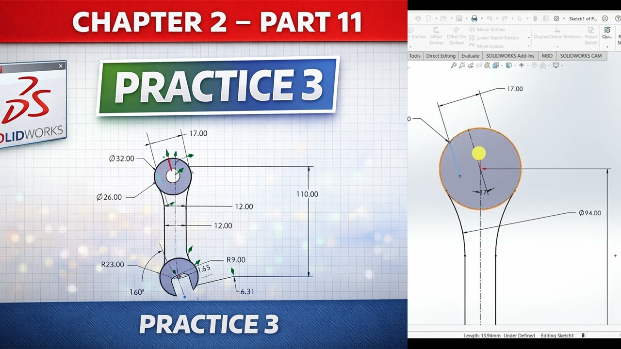 SolidWorks Chapter 2 (Part 11) — Sketch a Wrench Profile (Offset, Fillet, Mirror) | Practice
