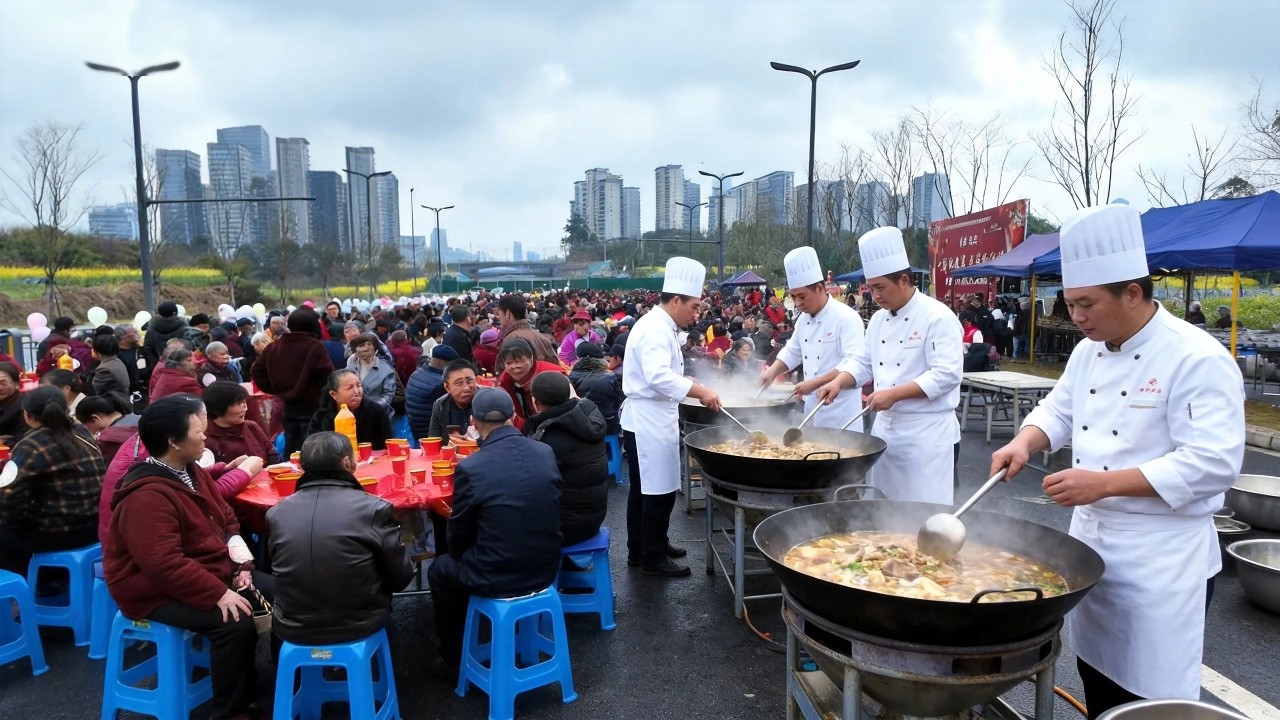 中国农村千人宴席制作现场，30元每人，16个菜，80岁以上老人免费吃。200个志愿者忙不过来，菜品十米桌摆不下，红烧鱼，甜烧白，荷叶鸡，各种美味一应俱全。
