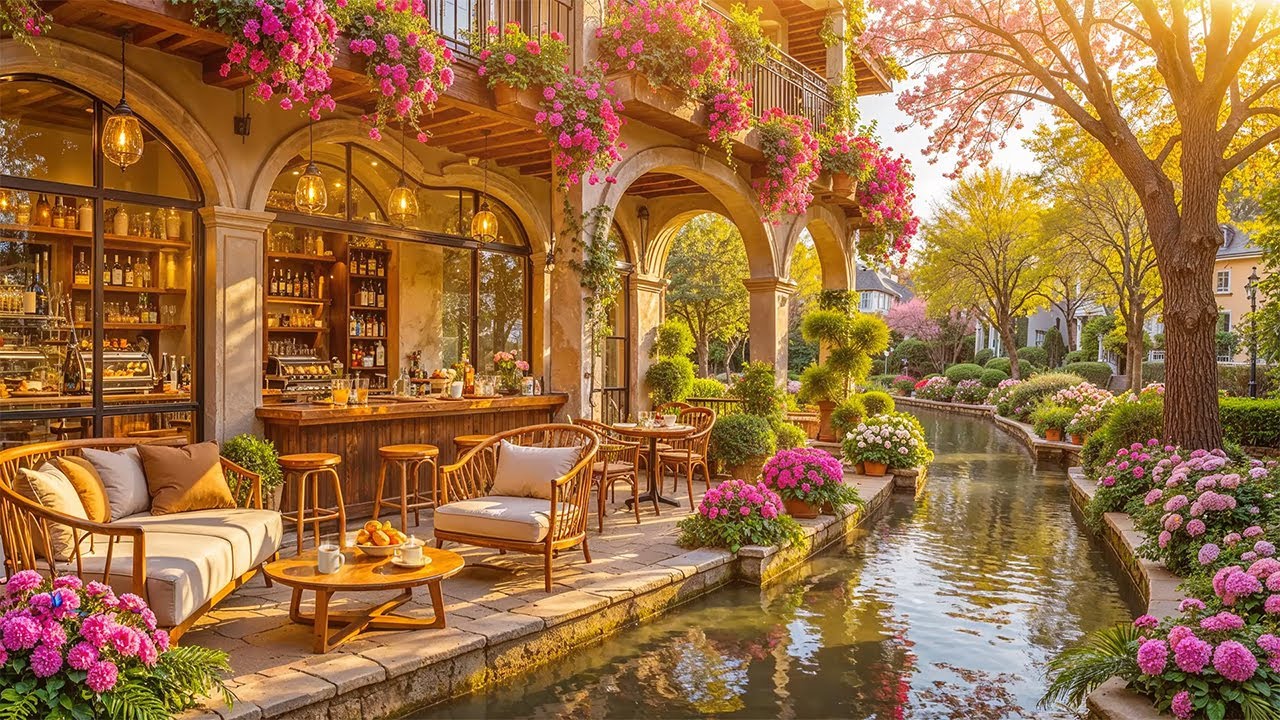 Warm Spring Jazz Music - Outdoor Coffee Shop Ambience for Relaxing Morning & Focus
