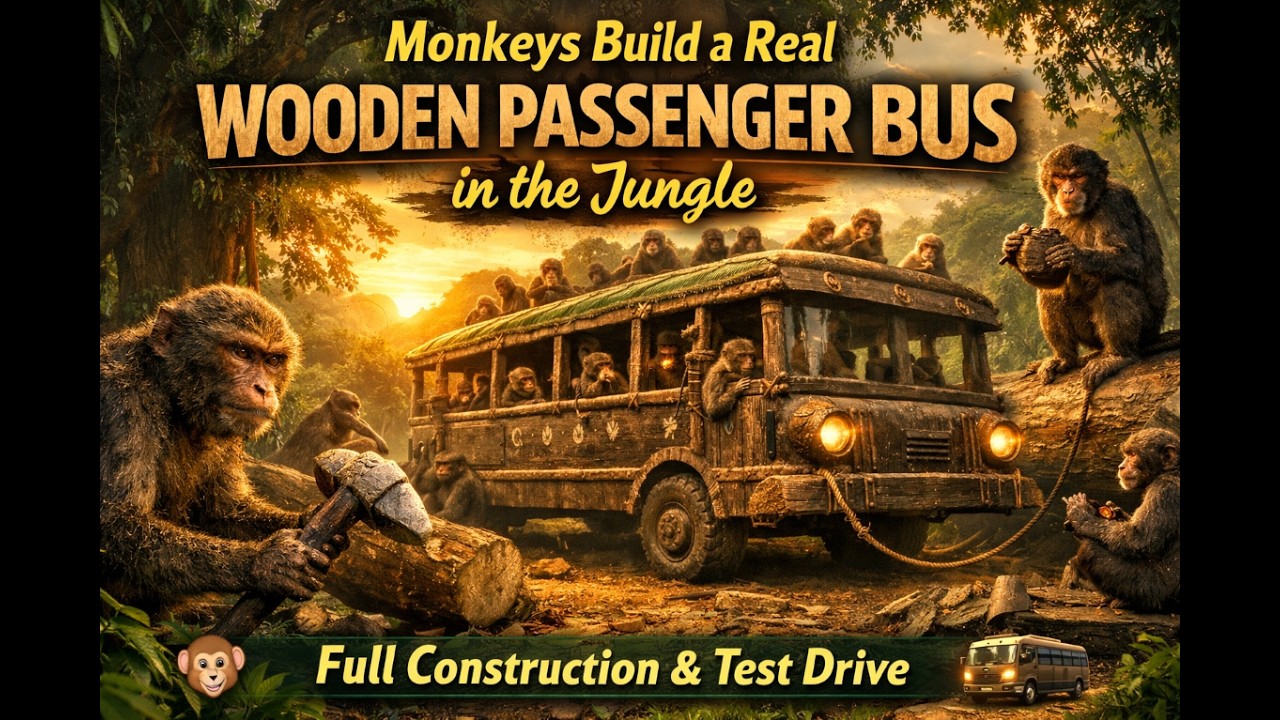 Monkeys Construct a Giant Wooden Bus From Scratch — Primitive Engineering in Deep Forest 🌿🚌