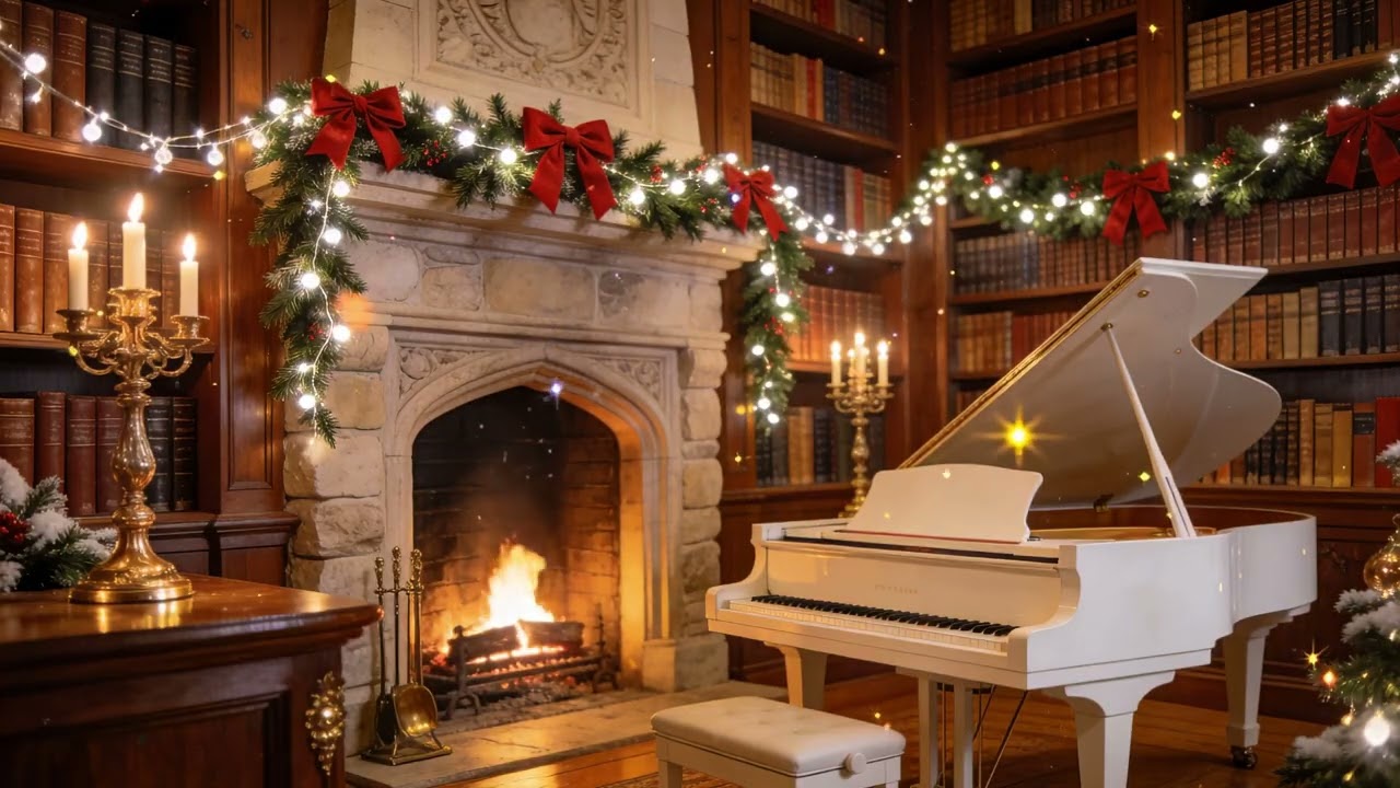Cozy Fireplace Piano Jazz 🎹🔥 | Calm Christmas Library Ambience for Relax, Study & Sleep