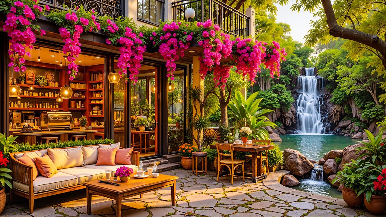 Gentle Jazz Morning at a Hidden Waterfall Coffee Spot | Soft Piano Jazz Vibes for Calm Days