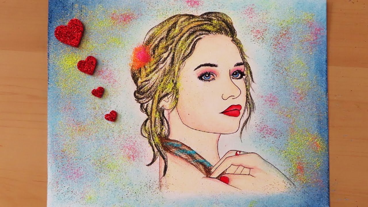 How To Draw a Girl with Beautiful Hair using Glitter Technique \\ Girl Drawing