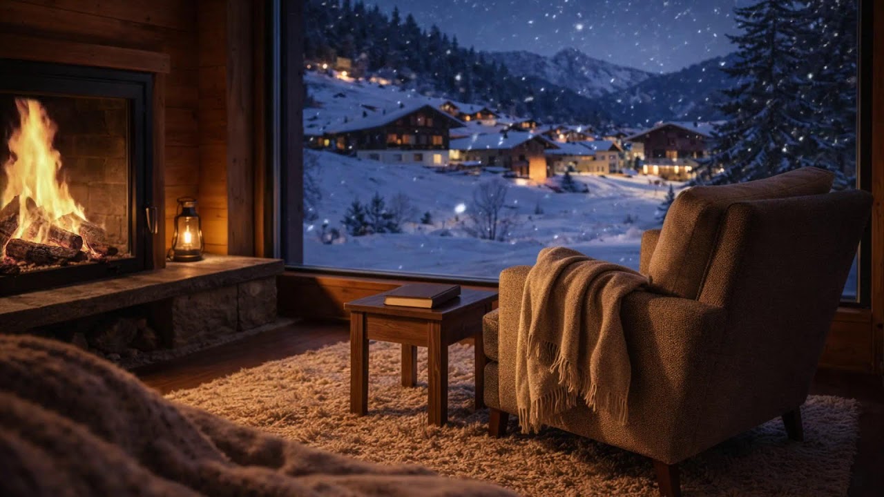 A Warm Winter Night 🔥 Cozy Fireplace & Snowy Village View