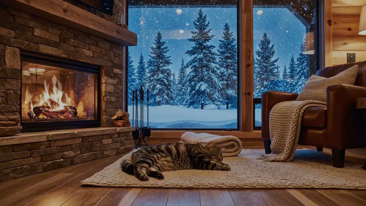 Cozy Winter Evening by the Fireplace with a Purring Cat – Deep Sleep & Relaxation Sounds