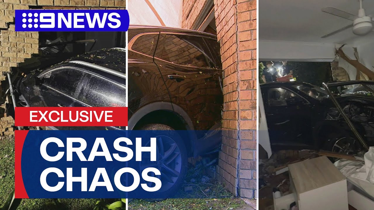 Crash carnage as two cars smash into several Brisbane homes | 9 News Australia