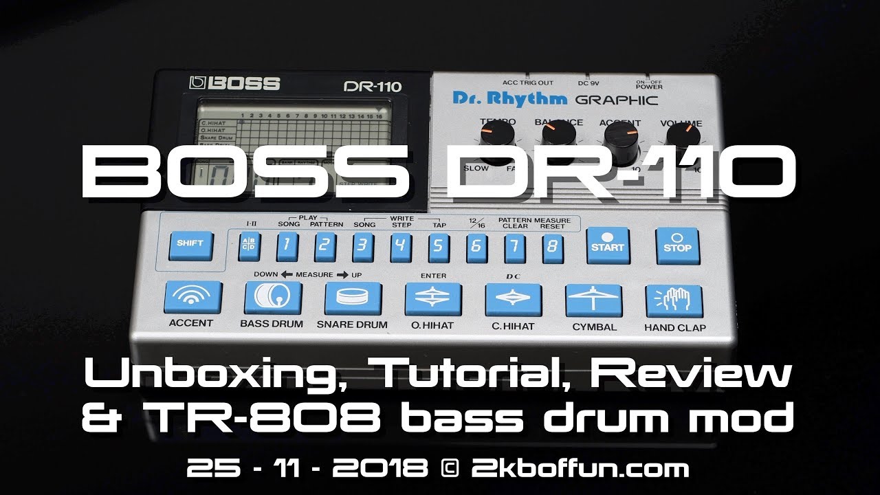 Boss DR-110 analog drum machine (1983): unboxing, tutorial, review and TR-808 bass drum mod.