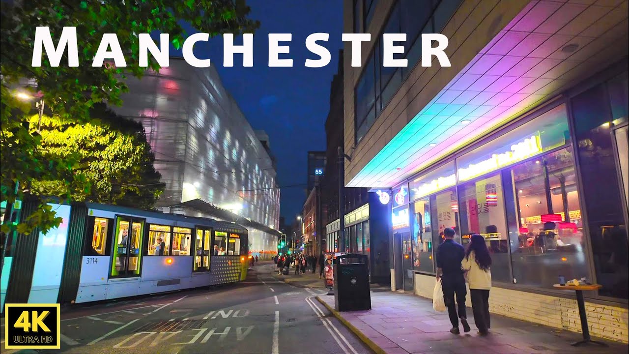 🇬🇧 Manchester evening under colourful lighting from Piccadilly, Portland Street to Market Street