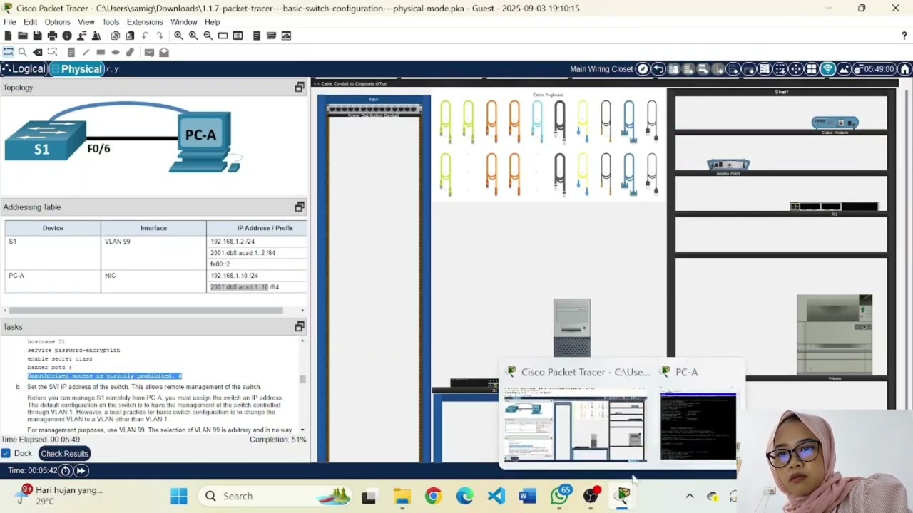 1.1.7 Packet Tracer - Basic Switch Configuration - Physical Mode