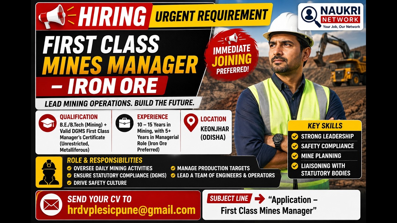 Urgent Hiring | First Class Mines Manager &ndash; Iron Ore | Keonjhar Odisha | 10&ndash;15 Years Experience |